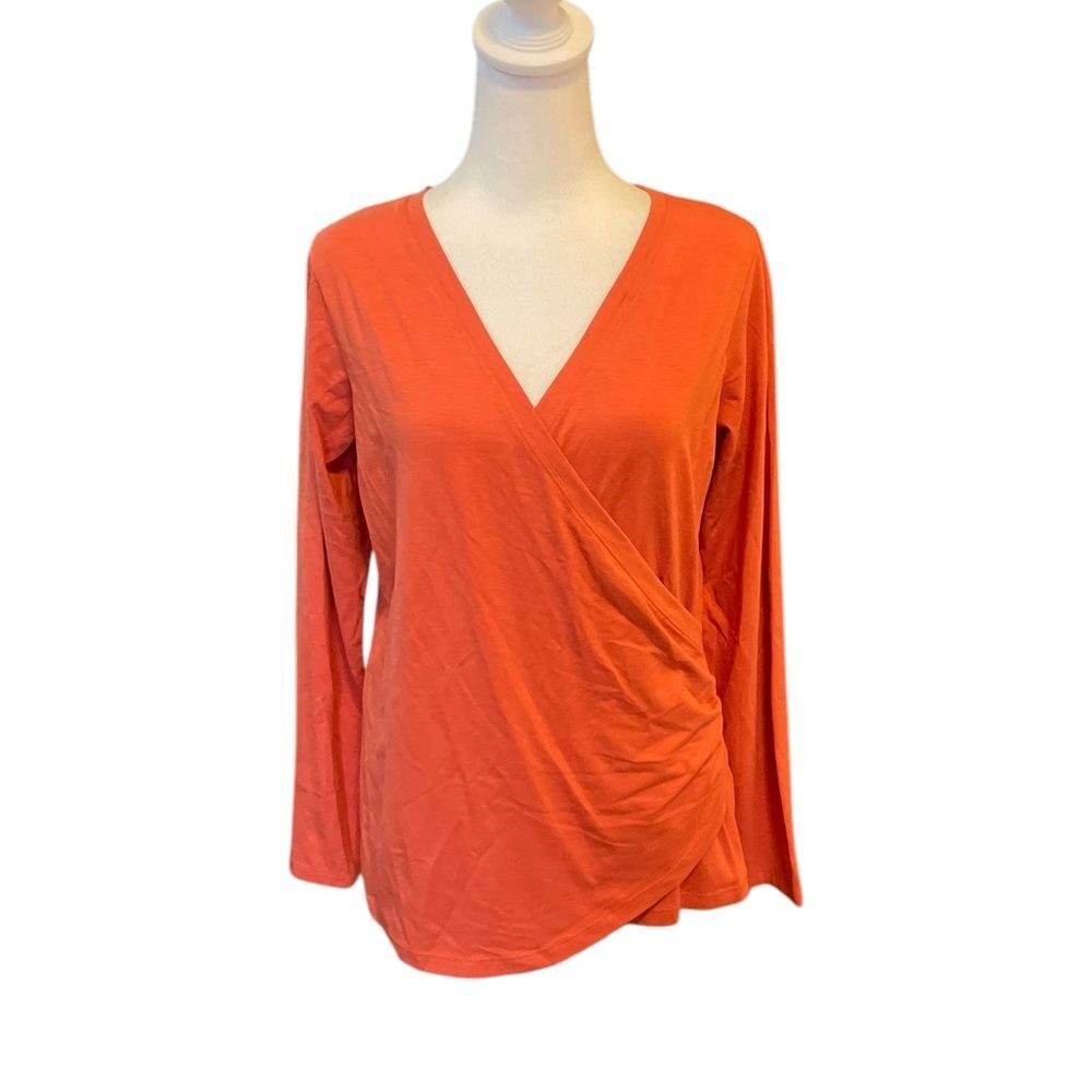 LL Bean Supima Cotton Long Sleeve Top Draped Open Neck Wrap Shirt Womens Medium